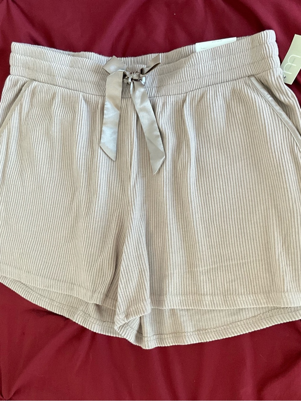 Maurices Ribbed Pull-On Shorts in Light Taupe with Satin Drawstring